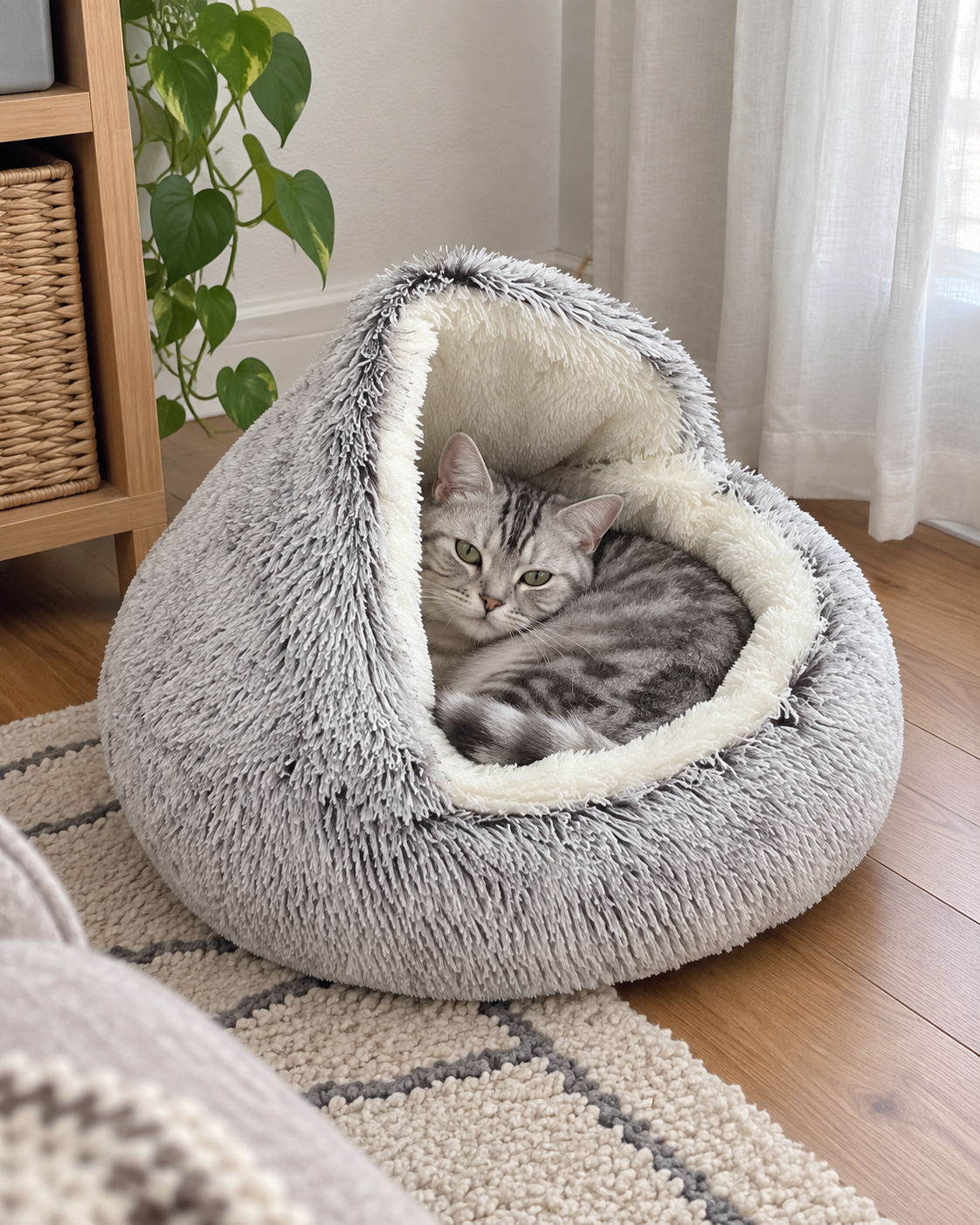 Cat curled up in a grey Cozy Shell enclosed pet bed