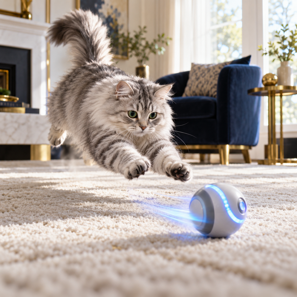Cat reaching for a blue interactive ball on a sunlit living-room rug