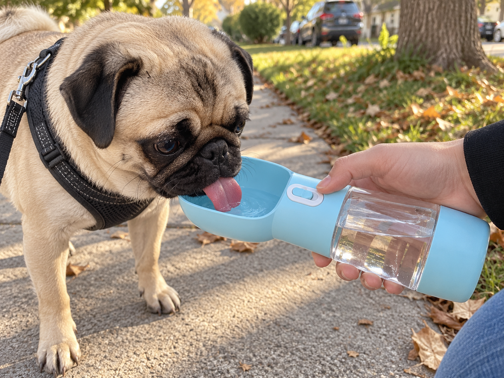 Dog drinking from a portable water bottle outdoors