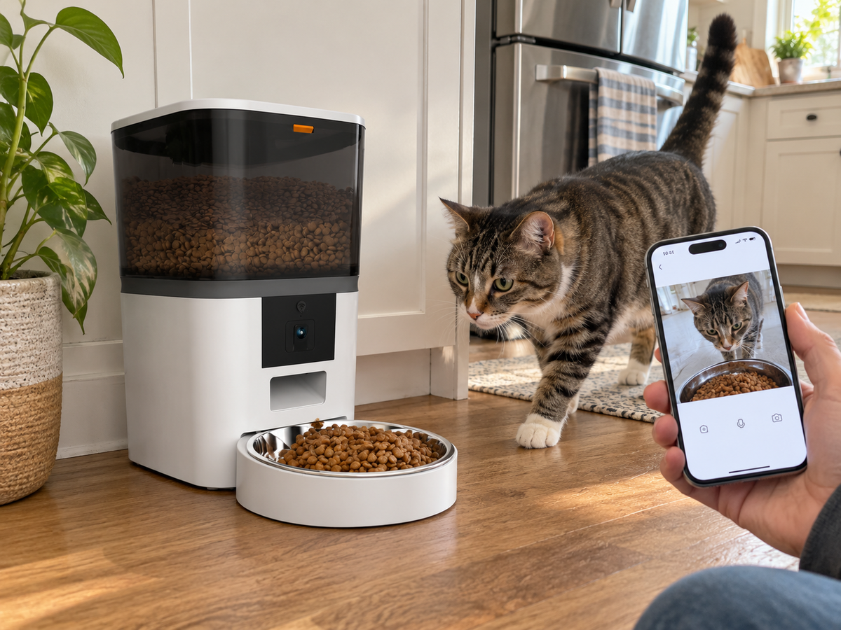 Cat beside a pet feeder in a naturally lit home